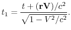 $\displaystyle t_1 = {t + ({\bf rV})/c^2\over \sqrt{1-V^2/c^2}}.
$