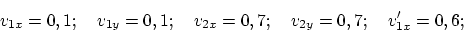 \begin{displaymath}
v_{1x}=0,1; ~ ~ ~ v_{1y}=0,1; ~ ~ ~ v_{2x}=0,7; ~ ~ ~ v_{2y}=0,7; ~ ~ ~ v'_{1x}=0,6;
\end{displaymath}